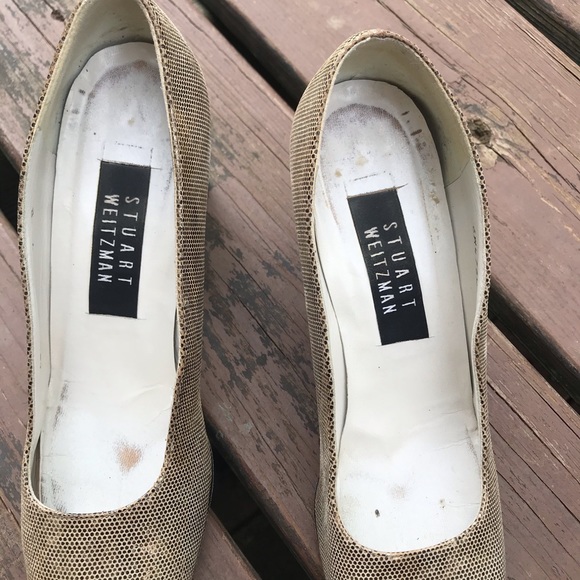 Stuart Weitzman Snake Print Heels Block Heel Gold & Brown Size 7 - Picture 8 of 16